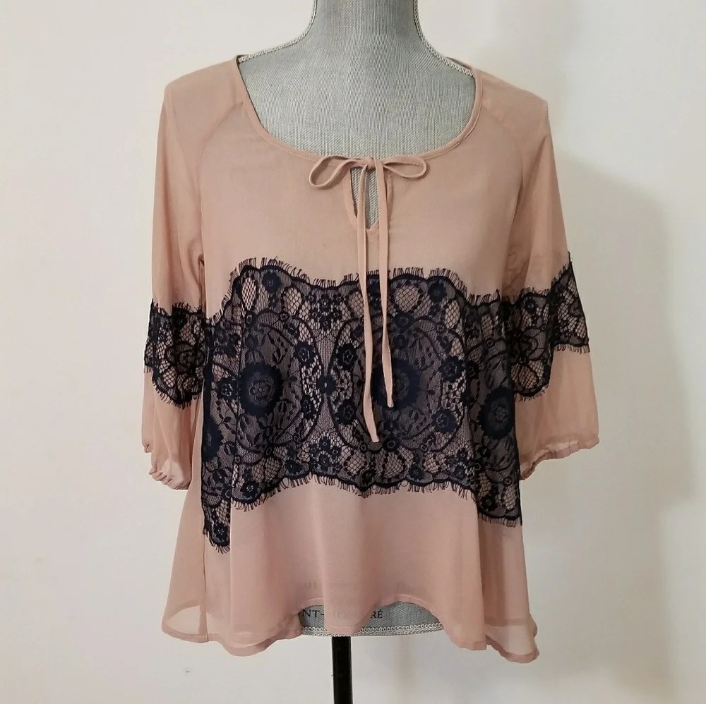 Bar III Womens Navy Lace Semi Sheer Blouse Small